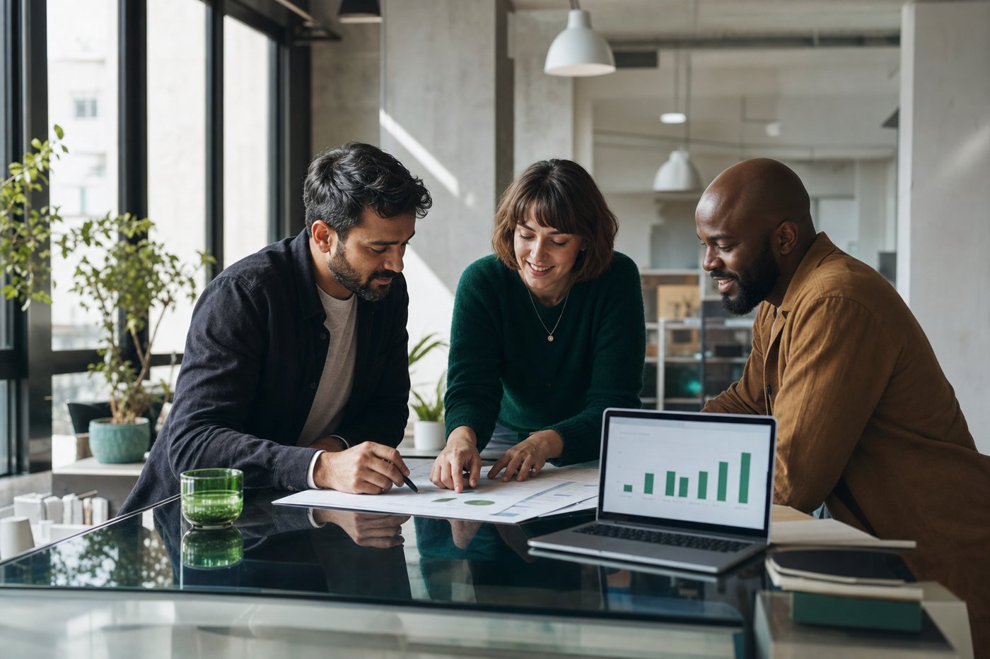 Kleines Gründerteam bespricht einen Businessplan an einem Glastisch