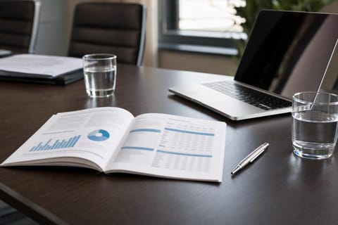 Konferenztisch mit einem ausgedruckten Businessplan, aufgeschlagen bei einer Tabelle mit Umsatzplanung, daneben ein Laptop, ein Stift und zwei Wassergläser, neutrales Bürolicht