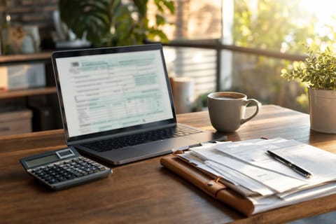 Schreibtisch eines Gründers mit einem Laptop, auf dem ein Steuerformular geöffnet ist, daneben ein Taschenrechner, ein Ordner mit Rechnungen und eine Tasse Kaffee, Morgenlicht