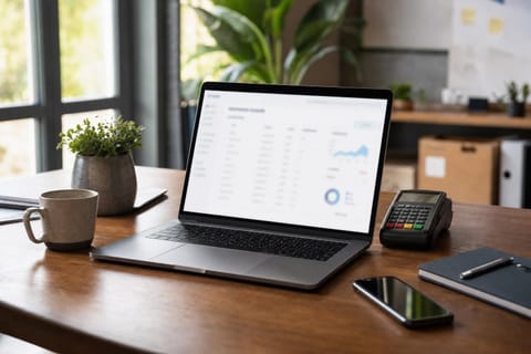 Arbeitsplatz eines Gründers mit einem Laptop, auf dem ein Dashboard mit Zahlungseingängen zu sehen ist, daneben ein Kartenterminal, ein Notizbuch und ein Smartphone, Tageslicht